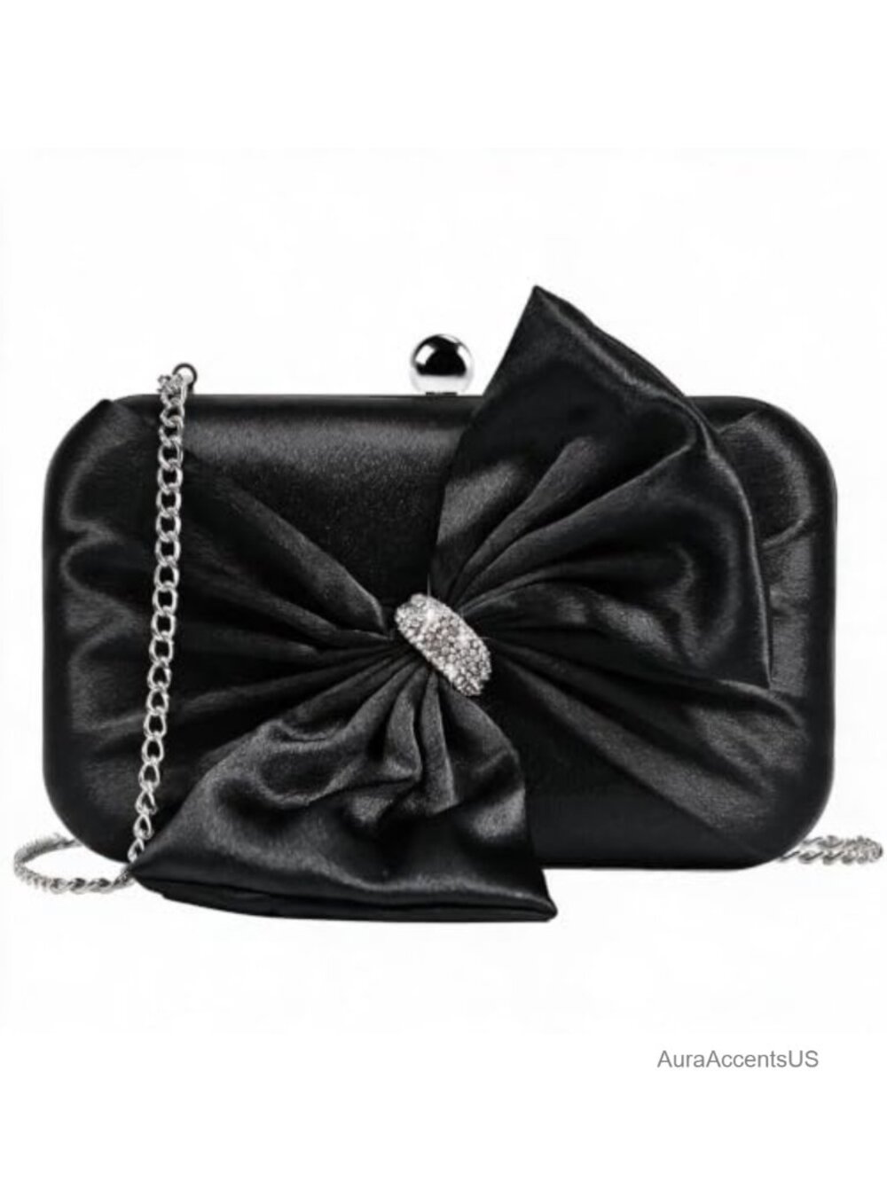 Satin Pleated Rhinestone Bow Clutch Evening Bag with Chain Strap